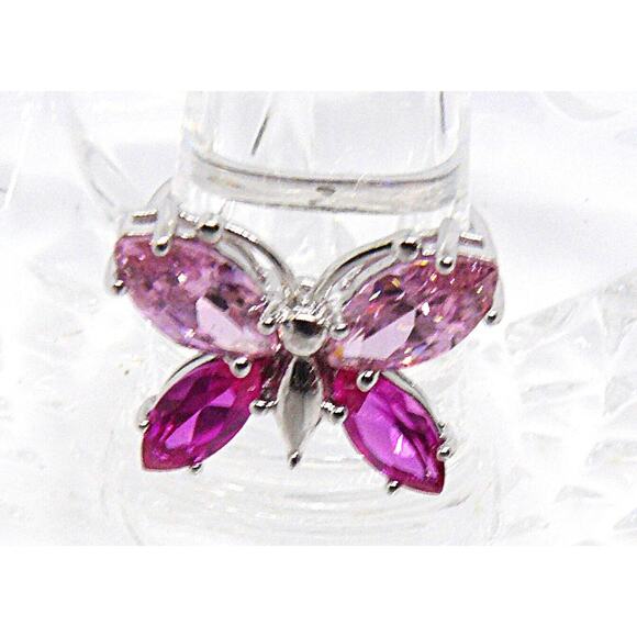 925 Sterling Silver Pink & Rose Cubic Zirconia Butterfly Band Ring Size 7 VTG - Picture 1 of 2
